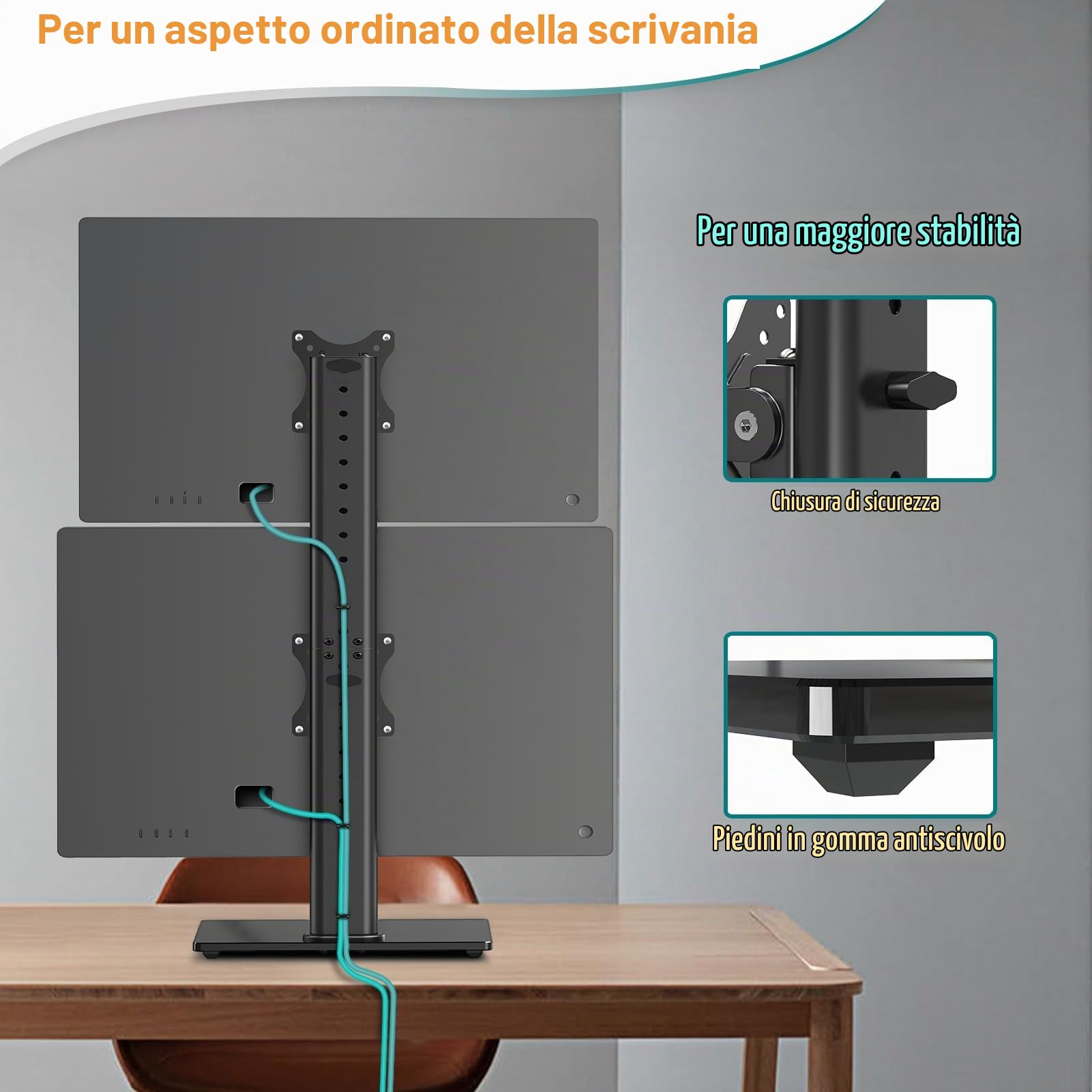 ELIVED Supporto doppio per monitor da scrivania, braccio verticale per monitor da 13-32 pollici con VESA 75 x 75/100 x 100 mm fino a 15 kg, rotazione a 360° regolabile in altezza supporto per monitor
