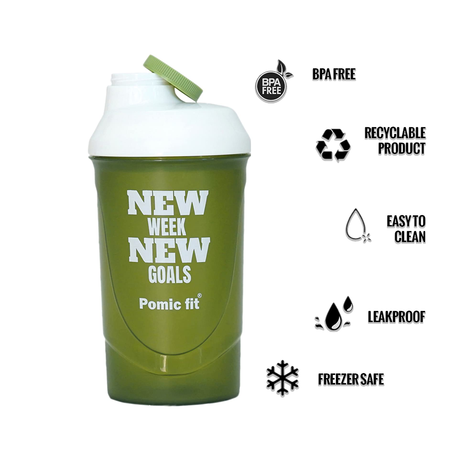 Pomic fit Protein Shaker Bottle Fitness Blender For Men & Women gym shaker bottle for sports with Protein sipper mix, cycling, Running, Yoga stainless steel blender ball 600ml (White,Green) 2