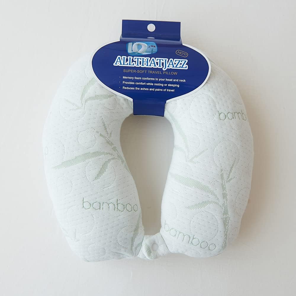 Memory Foam Travel Pillow - Cooling Rayon Made from Bamboo and Polyester Cover - U Shaped - Machine Washable - Great for Airplanes and Cars