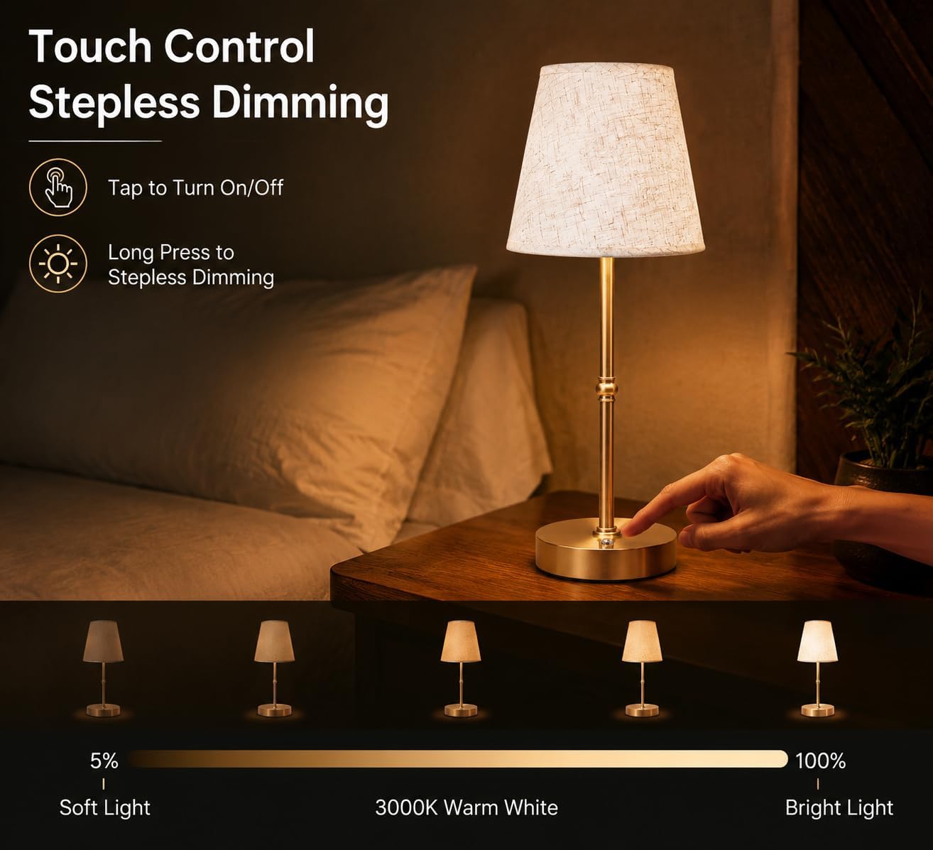 Cordless Rechargeable LED Table Lamp, 6000mAh Battery, Soft Warm Light, Dimmable & Touch Control, Bedside & Dining Night Light, Portable Cozy Ambient Lamp，Gold