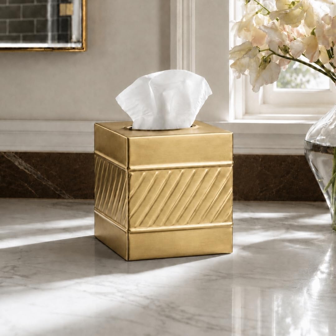 Monarch Abode Tissue Box Cover Square – Handcrafted Wave Embossed Brushed Gold Metal Tissue Holder Box for Bathroom Accessory, Aesthetic Decorative Facial Napkin Cube for Modern Home Decor image 4
