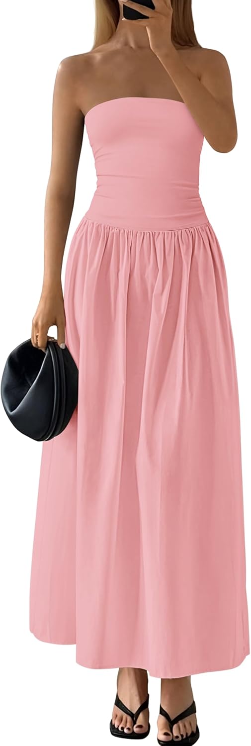 PRETTYGARDEN Women 2026 Summer Elegant Strapless Maxi Dress Tube Top Dress A Line Flowy Long Wedding Party Cocktail Dresses