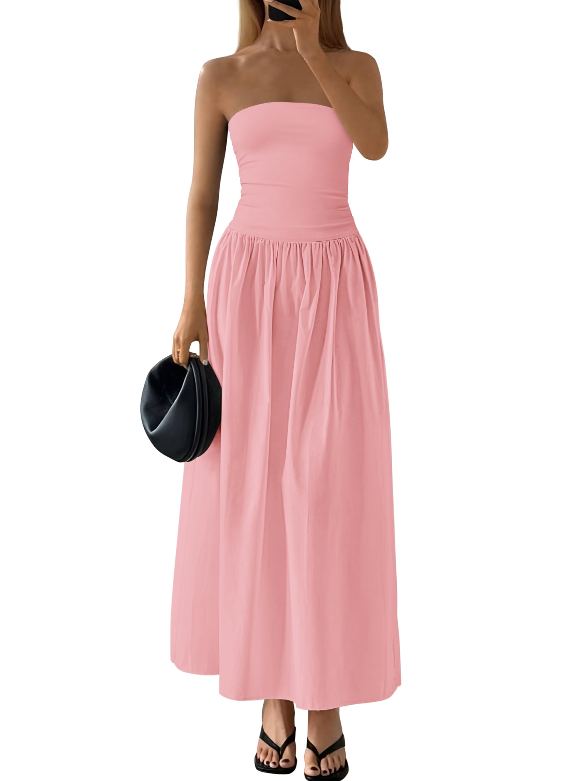 Photo 1 of PRETTYGARDEN Women 2025 Summer Elegant Strapless Maxi Dress Tube Top Dress A Line Flowy Long Wedding Party Cocktail Dresses(Pink,Large)