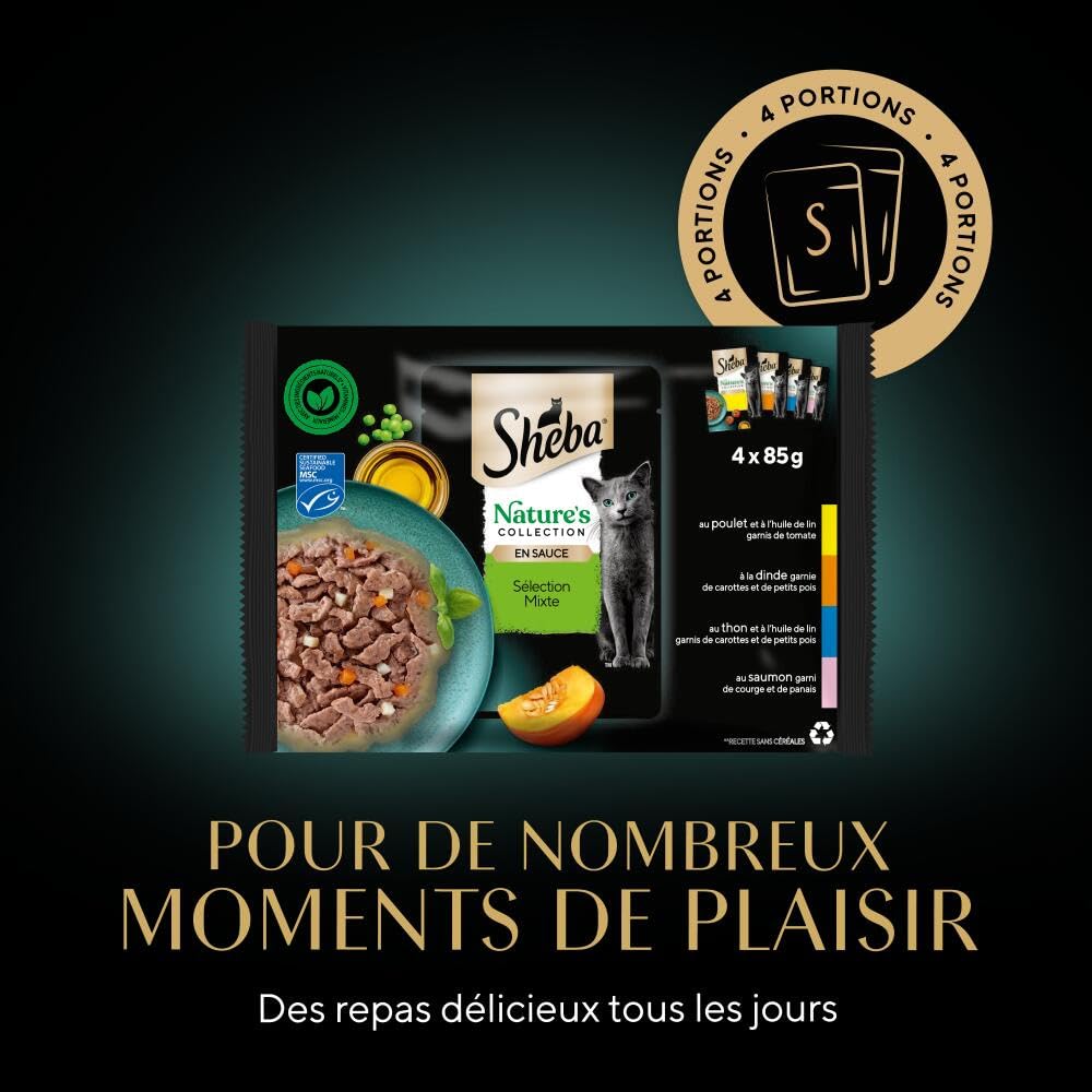Sheba Nature's Collection en Sauce pour Chats Adultes - Nourriture Humide pour Chats Sélection Terre & Mer 4 variétés - Sachets fraîcheur (13 x 4 x 85g)