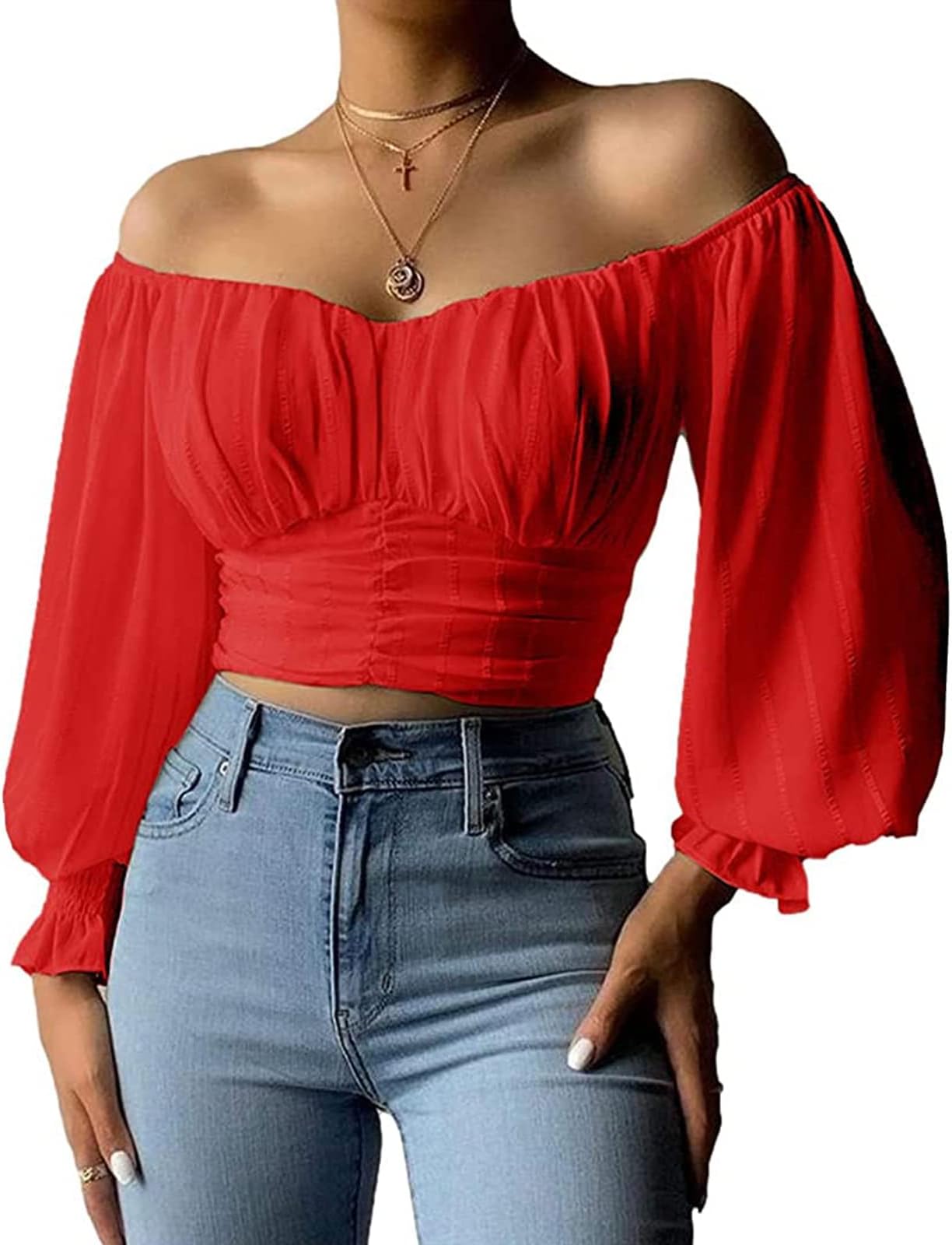 MIRACMODA Womens Elegant Off The Shoulder Puff Sleeve Blouse Summer Chiffon Slim Fit Party Crop Top