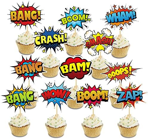 SuperHero Boom Cupcake Toppers 48 Pack Happy Birthday Cake Decor for kids Hero Theme Birthday Party Supplies Celebrating Party Events Baby Shower