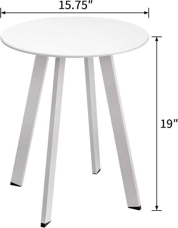 HollyHOME Round Metal Patio End Side Table, Small Accent Waterproof Anti-Rust Sofa Table, Modern Outdoor&Indoor Snack Coffee Table, (D) 15.75 x(H) 19.29, White