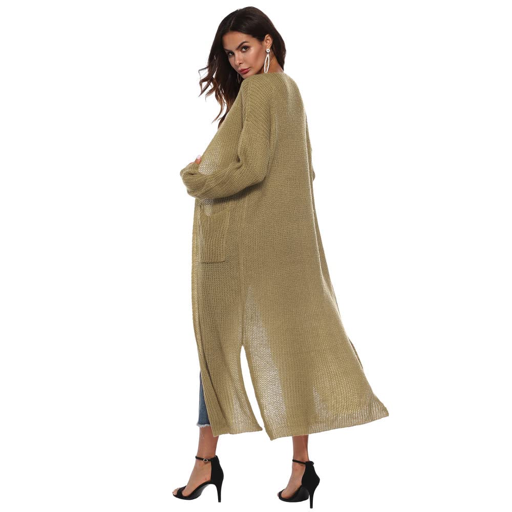 Cárdigan para Mujer Cárdigan de Punto para Mujer Abrigo Liso Color Caqui Suéteres Largos Cárdigan de Manga Larga con Frente Abierto Cárdigan de Primavera Chaqueta de Punto Suave para Uso Diario
