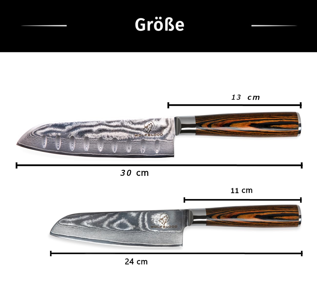 Wolfblood 2er Santoku Damastmesser Set (30cm und 24cm) TÜV geprüfter 62 HRC Damaststahl aus 67 Lagen I Damast Küchenmesser Set mit Santokumesser Holzgriff Geschenkbox & Klingenschutz