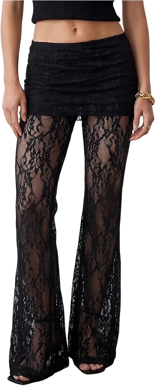 MakeMeChic Women's Y2K Lace Flared Pants Floral Elastic Waist Skinny Bell Bottom Pants