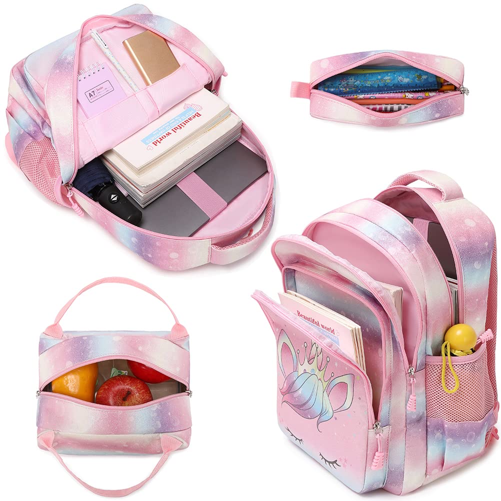 Kimwadalh Zaino Ragazza Zaini per la Scuola Primaria Borsa da Scuola per Ragazza Multicolor Schoolbag Ragazze Sacchetti di scuola Set di 3 Pezzi Zaini Glitterati + Astucci+ Borsa Lunch