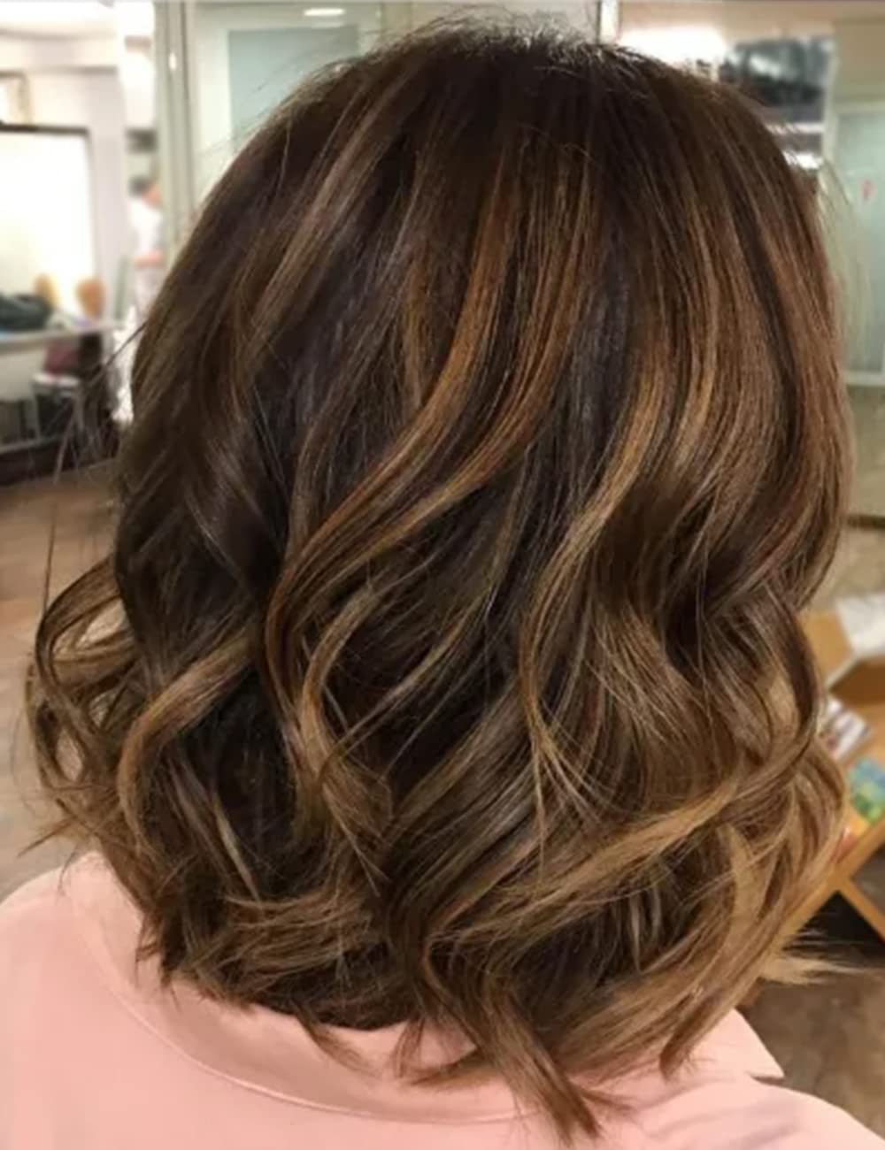 RENERSHOW Brown Highlight Short Wavy Wigs for White Women Brown Mixed Blonde Curly Wig Synthetic Hair Replacement Wig for Daily Party Use