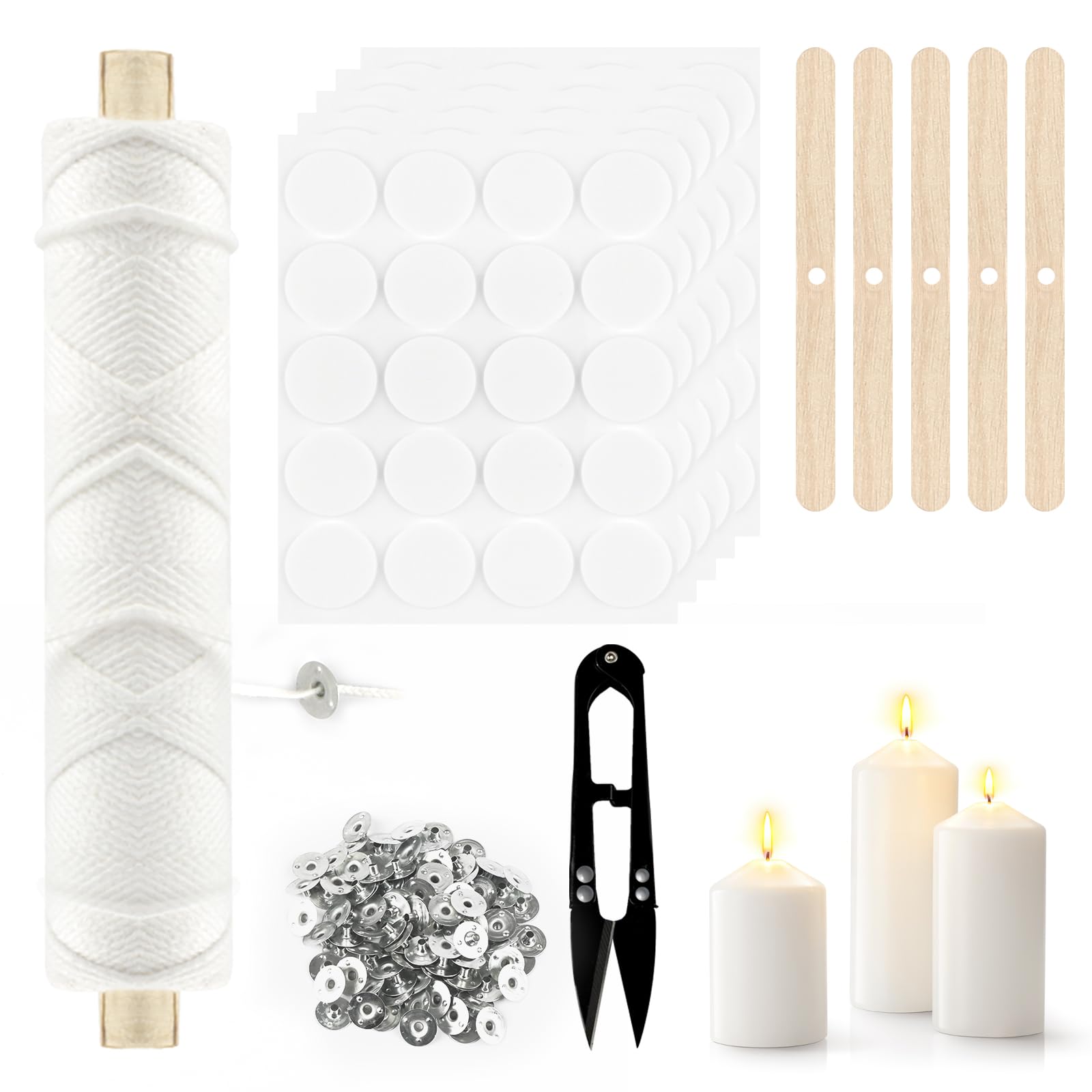 6100cm Kerzendocht, Rauchfrei Dochte für Kerzen, Kerzendochte für Kerzen Set mit 100 Stück Dochthalter Schere, Aufkleber, Kerzen Selber Machen Set für Weihnachtsdeko, Hochzeiten, DIY Kerzenherstellung