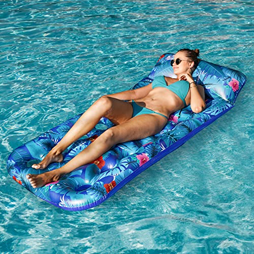 Finduwill Inflatable Pool Floats Raft, 2 Pack Float With Headrest For Adults, X-Large, Cooling Floaties Contour Lounger (Monstera Green & Monstera Blue) #TOP3