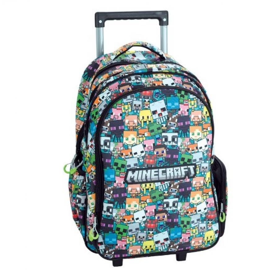 Zaino Trolley Scuola Compatibile con Minecraft camo 46 cm, Zaino con Ruote per Bambini, 3 Scomparti, Manico Telescopico, Spallacci Imbottiti, Tasche Laterali, Elementari e Medie