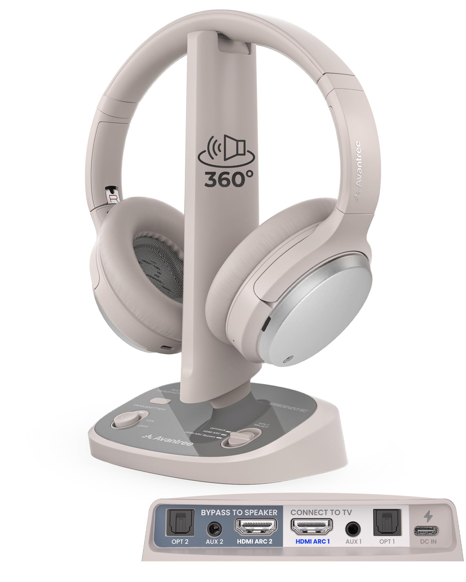 Avantree Crescendo 3D – 3D Surround Sound Funkkopfhörer Kabellos TV Fernseher, Cinema Modus, Transmitter-Ladestation mit HDMI ARC Passthrough für Soundbar, 60 Std. Laufzeit, Austauschbarer Akku | Clear Dialogue, Soundbar Passthrough, 60H Spielzeit, austau