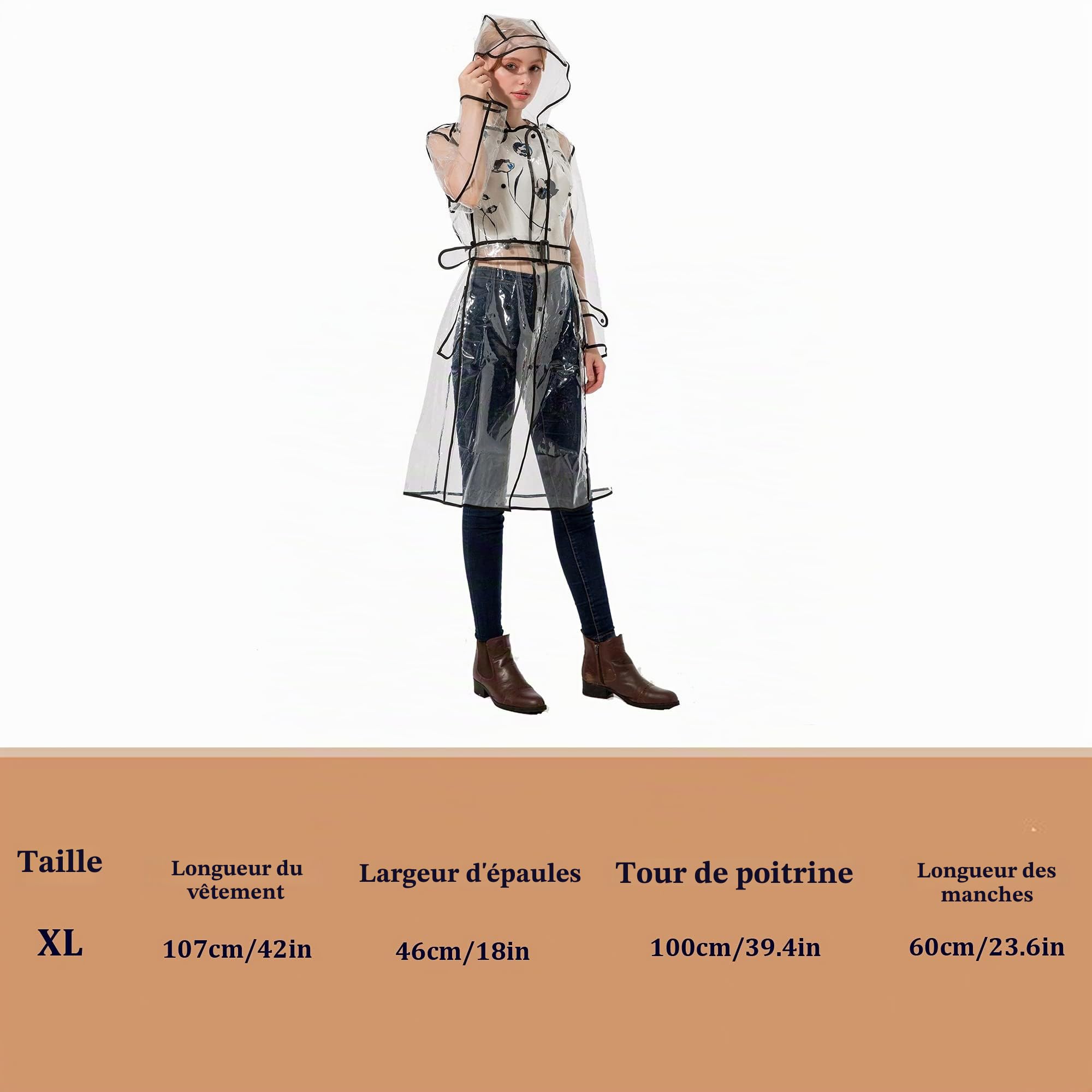 Poncho de Pluie EVA Réutilisable Transparent pour Femmes avec Capuche, Trench-Coat Imperméable à Manches Longues Vêtements de Pluie