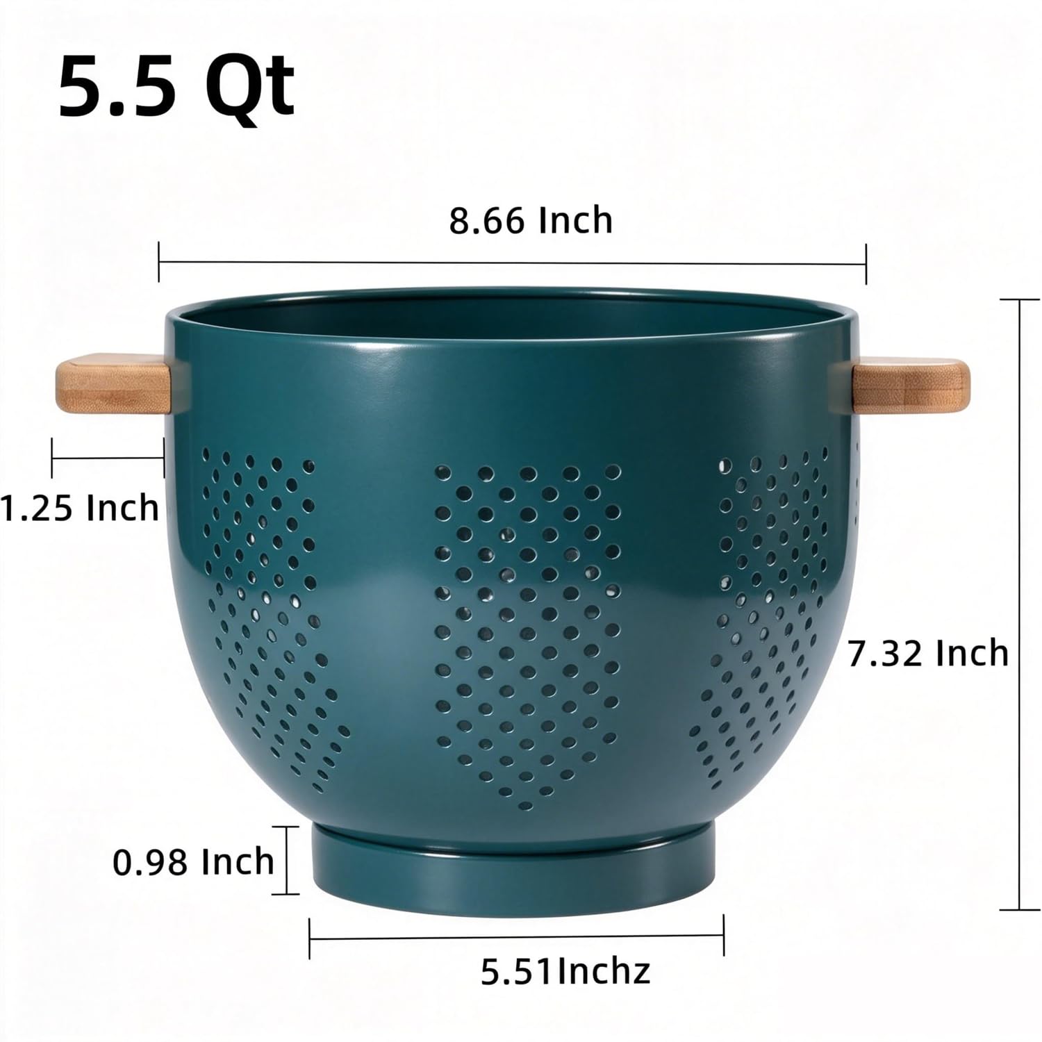 Metall Nudelsieb mit Holzgriff und Stabiler Basis, 22cm Großes Küchensieb für Pasta, Gemüse und Obst, Langlebiges Küchen Seiher Sieb (Tiefgrün)