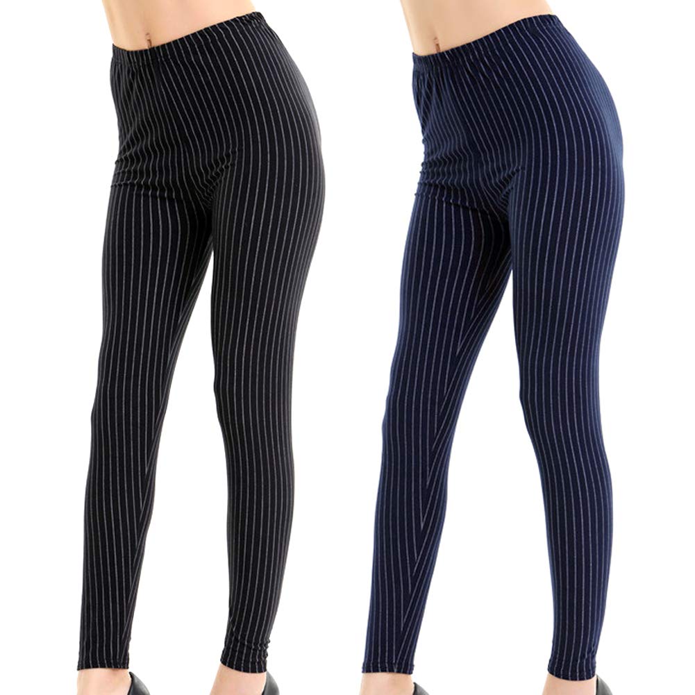 2 Pack Women Girl Pinstripe Striped Leggings Elastic Stripe Elegant