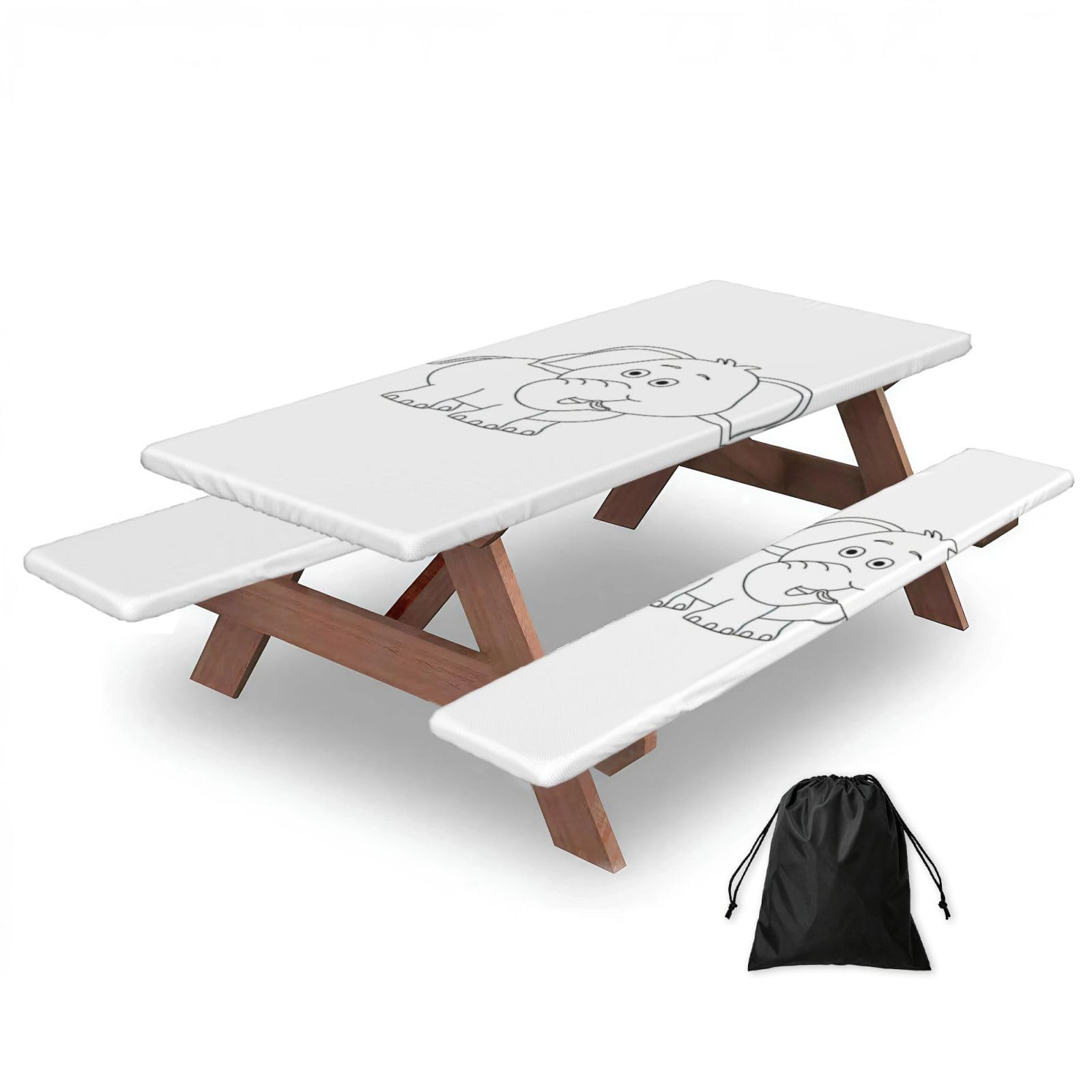 White Elephant Print 183cm Picnic Table Cover With Bench Covers, Waterproof Elastic Tablecloth Set For Outdoor