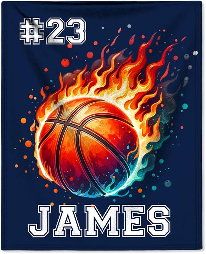Throw Blanket Personalized Flaming Football Sports Basketball | Custom Sports Blanket with Name and Number | Gift for Team Ball Games Lovers