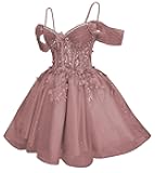 TRHTX Floral Flowers Tulle Homecoming Dress for Teens Off Shoulder DAMA Dresses Sparkly Beaded Graduation Dress