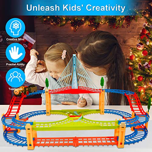 BeebeeRun Kids Car Race Track Set, Flexible Train Tracks for Toddlers with Musical Bridge and LED Electric Train Set, Car Track Toys for Boys and Girls - Thumbnail 7