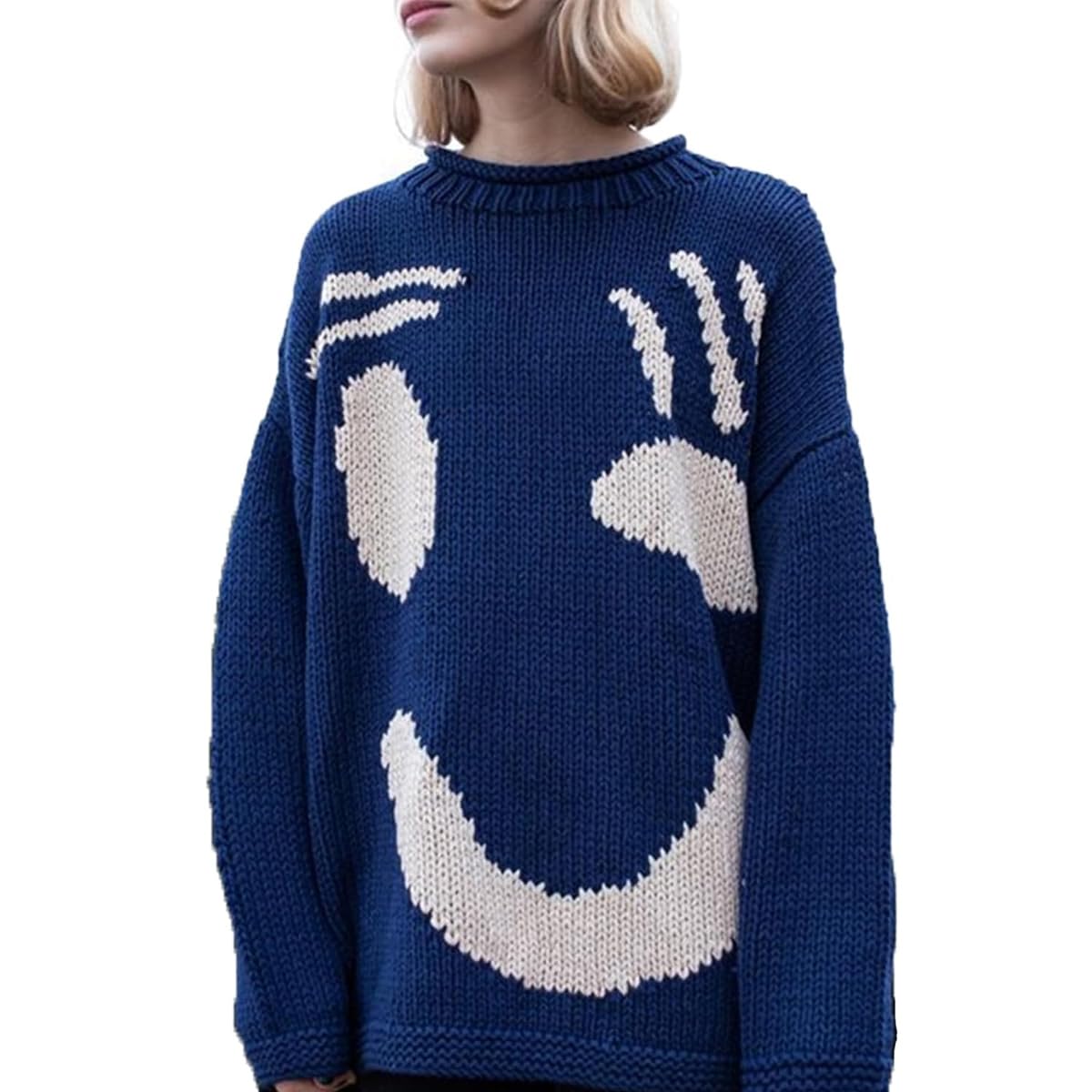 CERAVIHappy Sunday Feel Good Knit Jumpers, Women’s Colorful Loose Crew Neck Pullover Sweater, Casual Comfy Jumper Tops for Couple (Navy Blue,L)