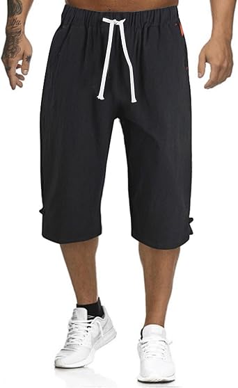 Mens Capri Pants Summer Baggy Casual Linen High Waist Drawstring Harem Pants Lightweight Solid Beach Wide Leg Capris