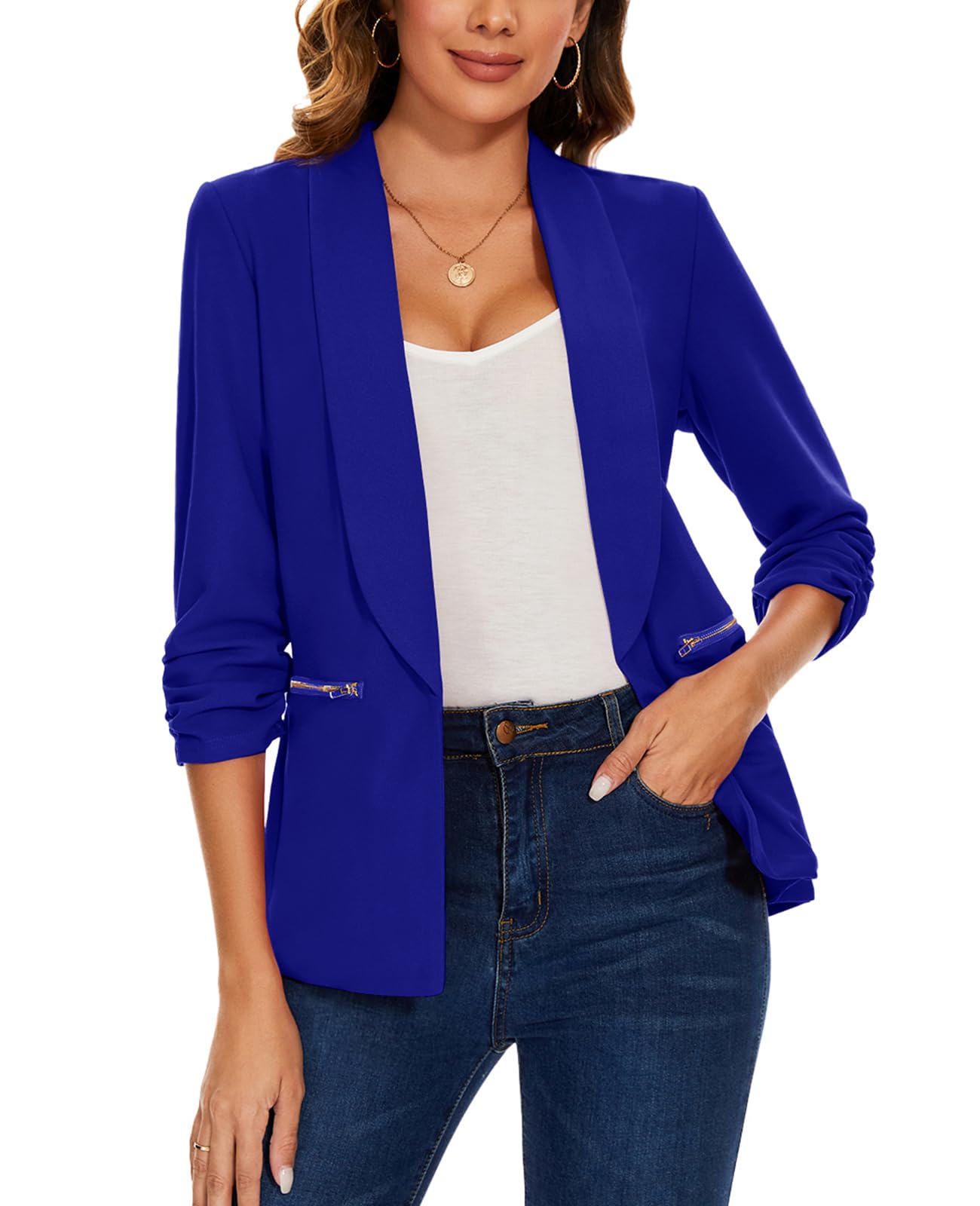 MINTLIMIT Womens Casual Blazer 3 4 Ruched Sleeve Open Front Cardigan Work Office Blazers Suit Jackets with Zipper
