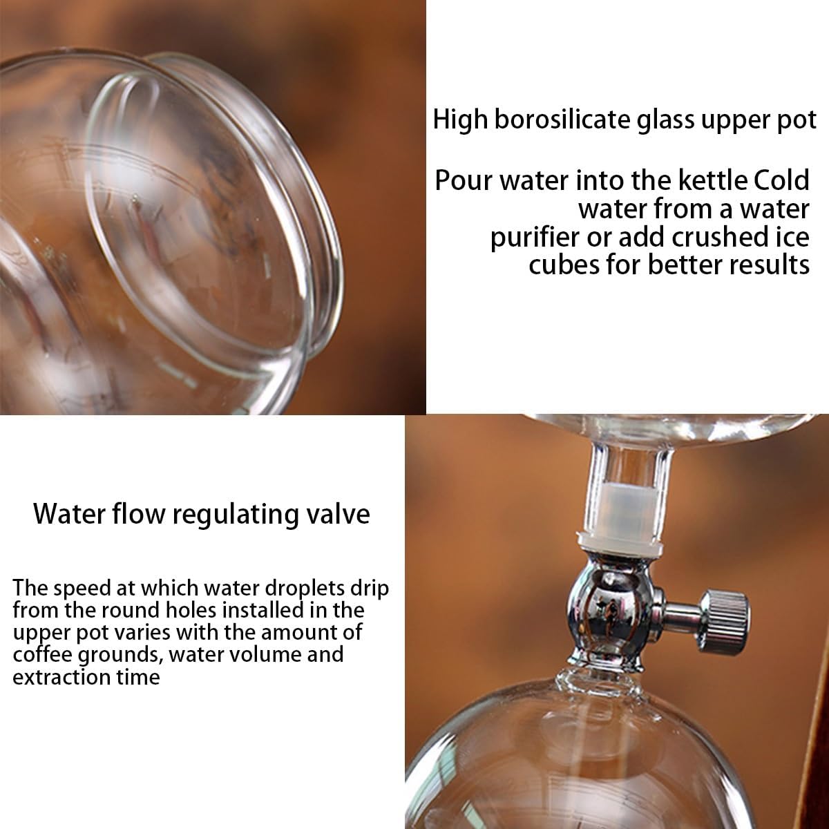 Double Valve Ice Drip Coffee Pot,Cold Brew Coffee Pot,600/1000ml Large Capacity,High Borosilicate Glass, Carbonized Wood Board,For Use in Offices and Homes(600ml)