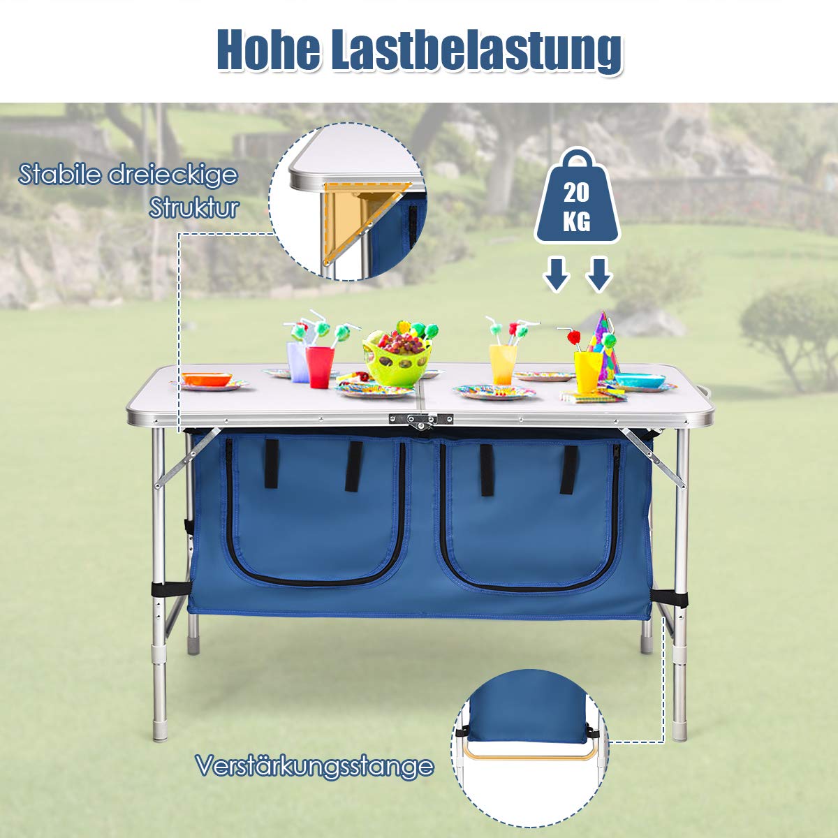 COSTWAY Campingküche mit großem Stauraum, Reiseküche Klapptisch Alu Höhenverstellbar von 53-70cm, Gartentisch Picknicktisch Campingschrank