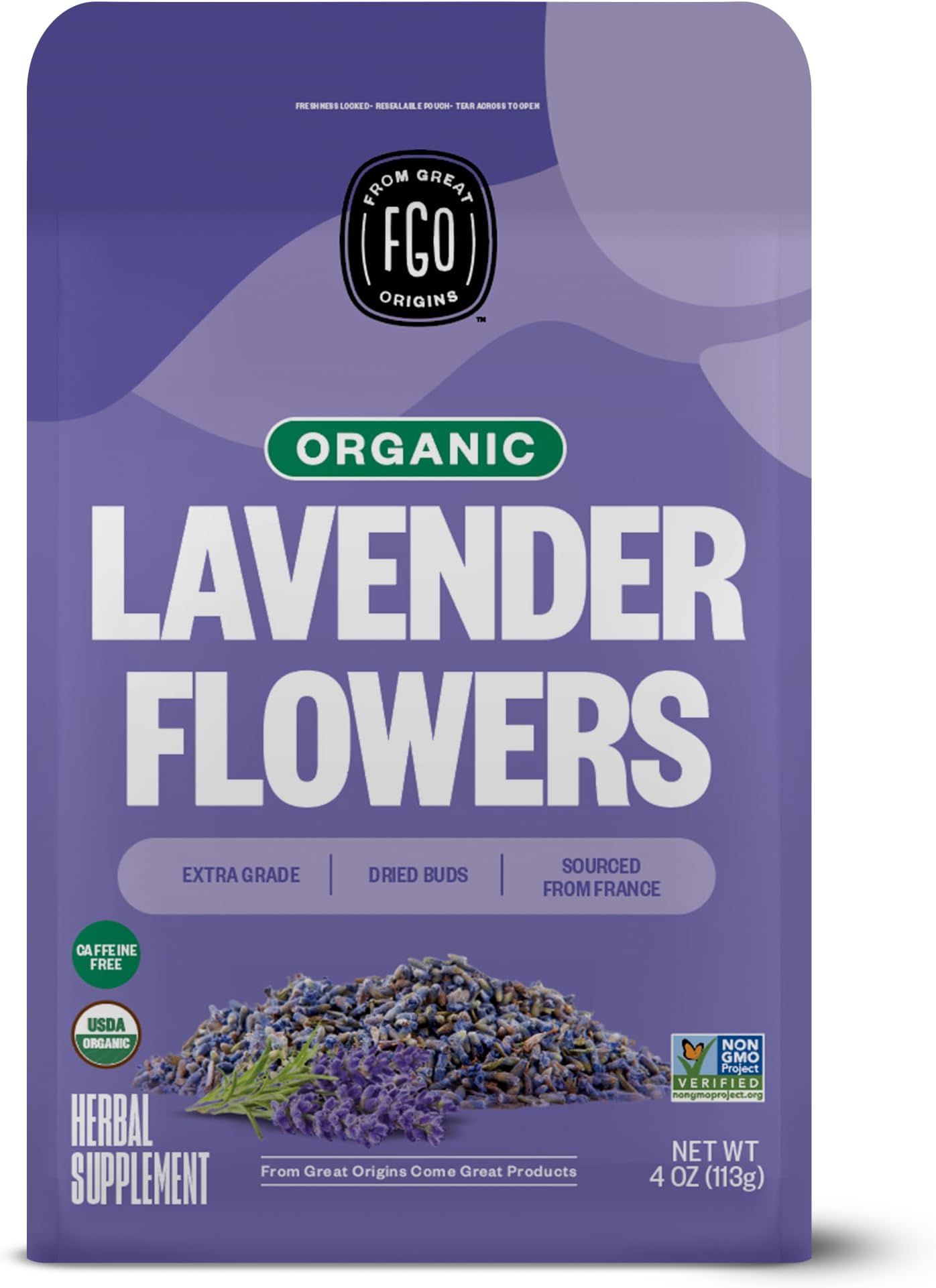 FGO Organic Dried Lavender Flowers, Extra Grade Dried Buds, Imported From France for Culinary or Sachet Bags, 4oz, Packaging May Vary (Pack of 1)