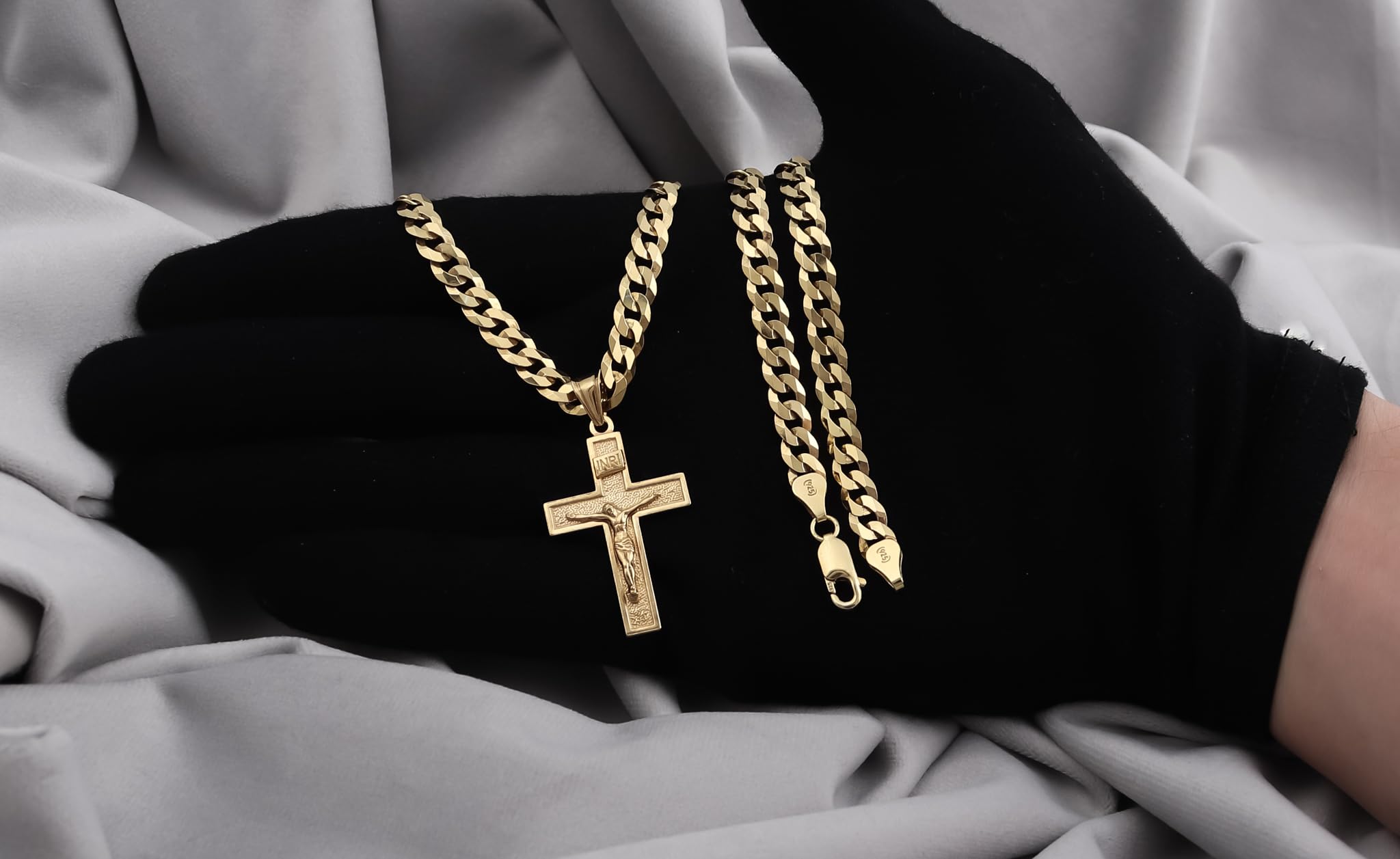 Amor Luxury Collana Oro Uomo a Croce 585, Catena a Croce Massiccia 585 - Collana Uomo Spessa 6,5 mm, 50 cm, Argento Sterling 925