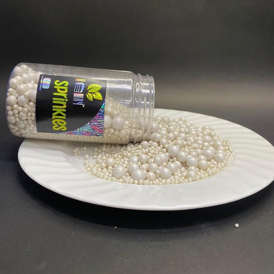 Kemry Edible Sugar Balls Sprinkles (200gm) (White All size Mixture) | Cake decorations | Cupcake toppings | Sweet treats decorations | Confectionery Garnishing