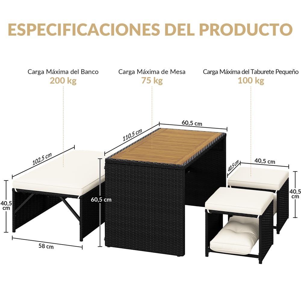 Yaheetech Conjunto de Muebles de Jardín de Ratán Muebles de Ratán de 2 en 1 | 1 Banco y 1 Mesa y 2 Taburetes, Negro/Beige