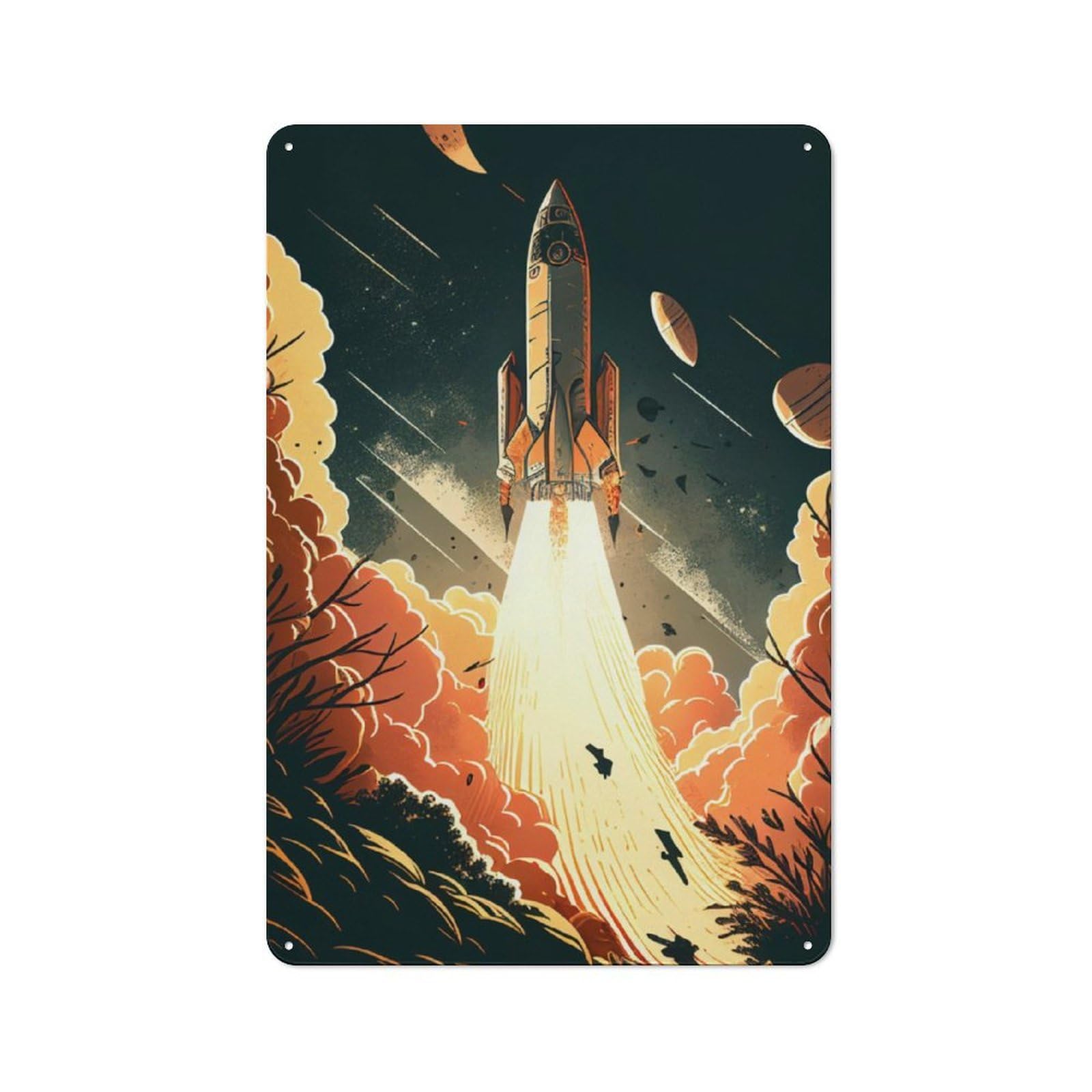 Junmoney Rocket Blastoff Metal Wall Sign 30X20cm, Rustic Decor For Hallway Wall, For Metal Sign Collectors, For Garage And Workshop Walls