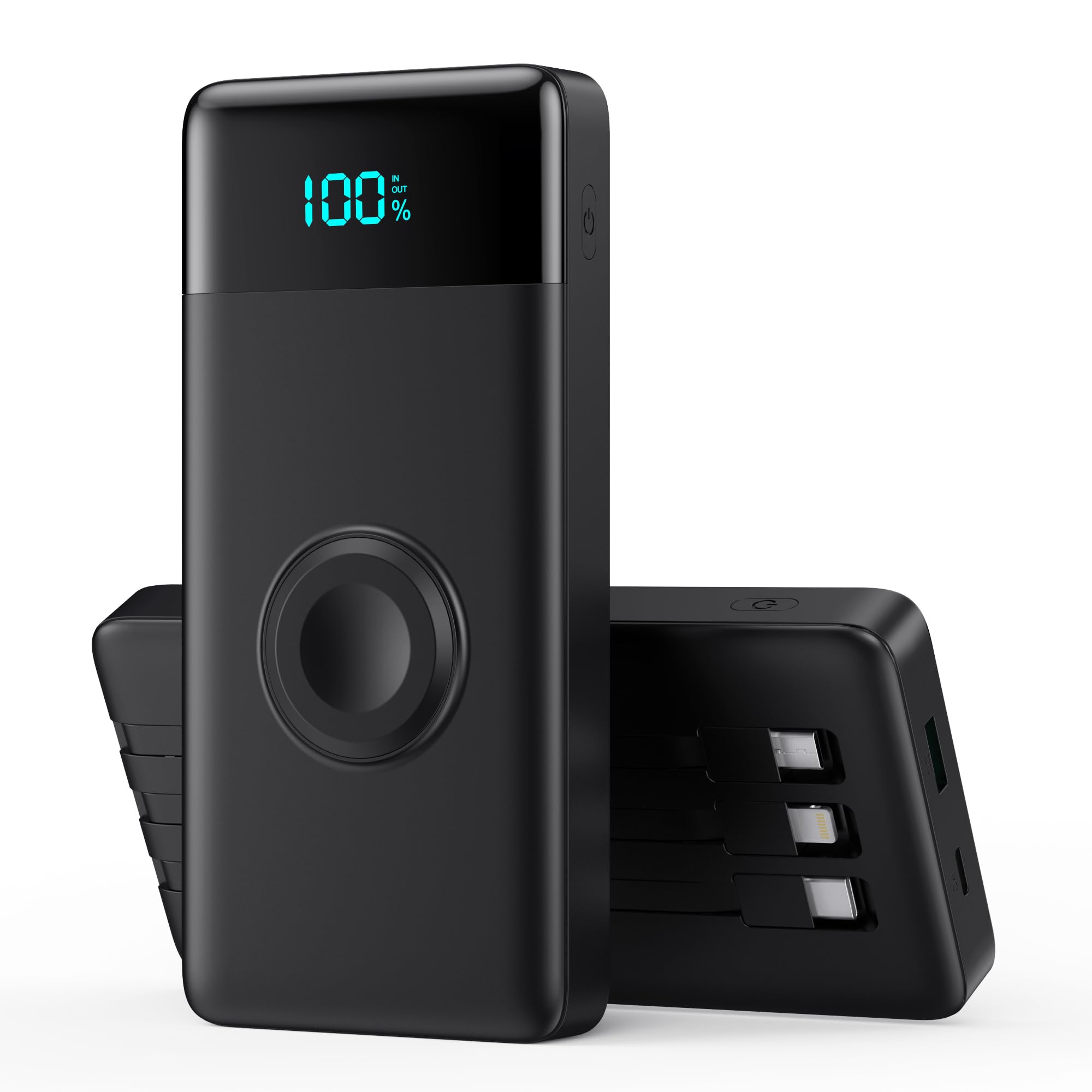 Portable Charger with Built-in Cables and iWatch Charger,10800mAh QC4.0+PD 25W Fast Charging USB C Power Bank,6 Outputs LCD Display Travel Battery Pack for iPhone 16/15/14/13, Android,Apple Watch etc