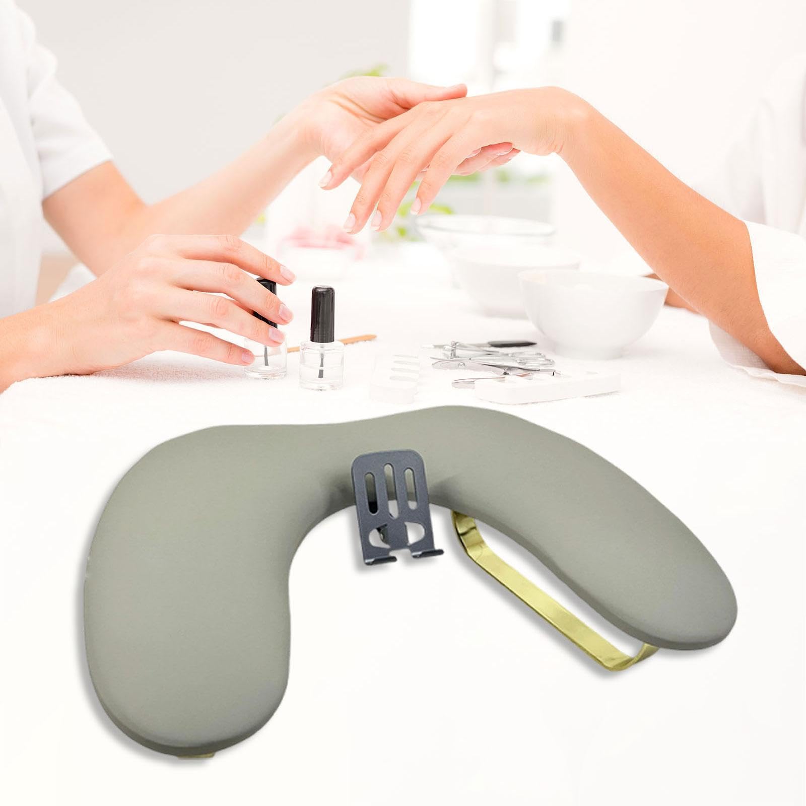 Poggiabraccio per Manicure Cuscino Mano Poggiapolso Stand Supporto Cuscino Manicure Struttura Robusta in Pelle Spugna E Metallo Ergonomico con Porta T, Grigio