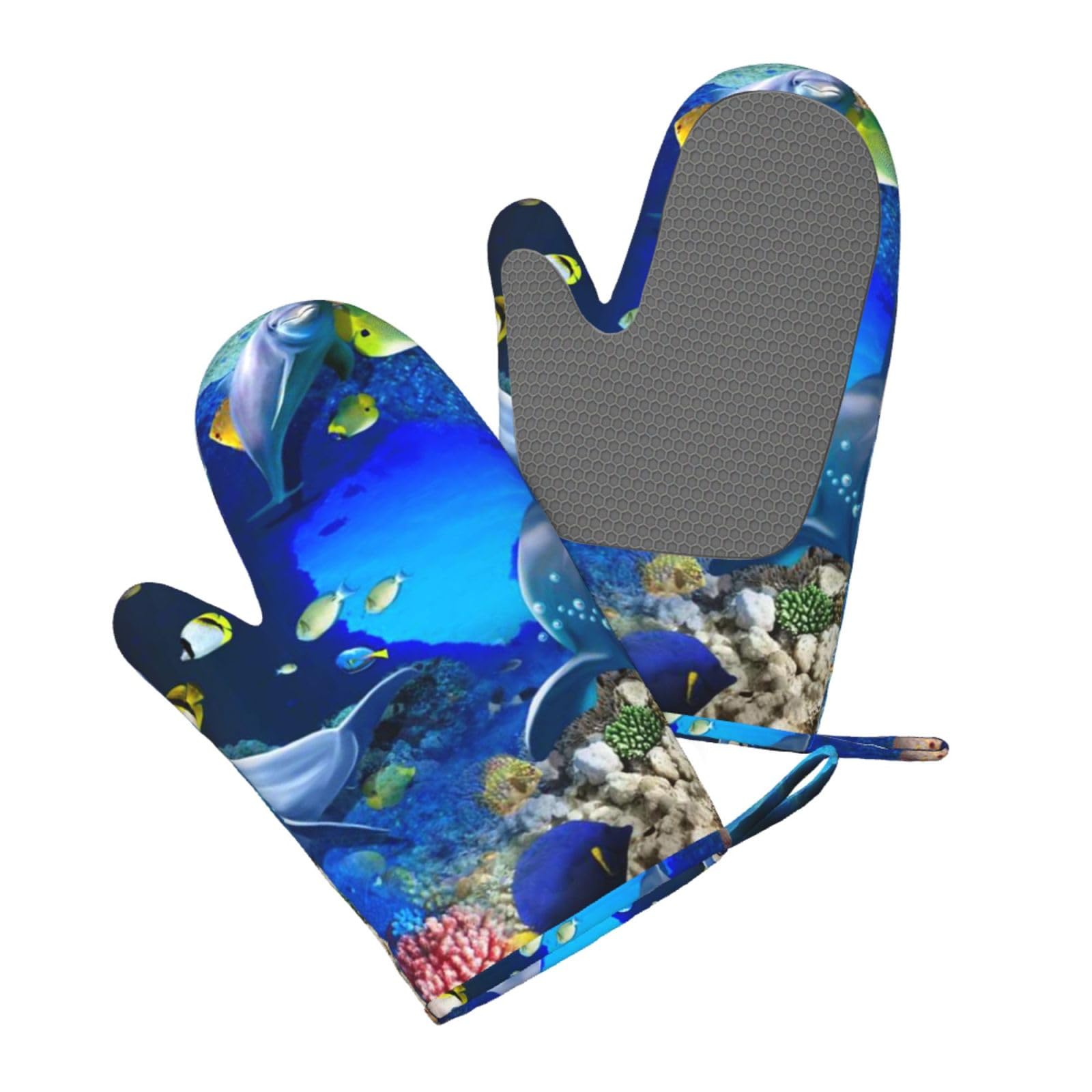 Silicone Oven Mitts Set 2PCS, Underwater World Dolphin Printed Heat Resistant Non-Slip Silicone Oven Gloves for Kitchen Cooking Baking Microwave