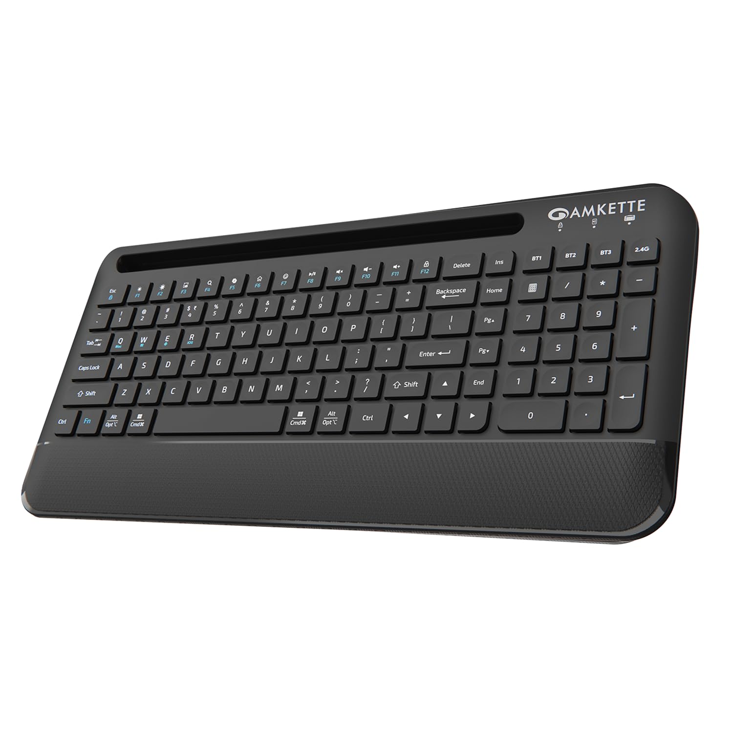 Amkette Optimus Pro Max 4in1 Rechargeable Wireless Keyboard/Bluetooth Keyboard (2.4 GHz & BT5.0) | Tablet & Phone Holder | Dedicated Device Switching Buttons | OS Adaptive AI Assistant FN Lock, Black