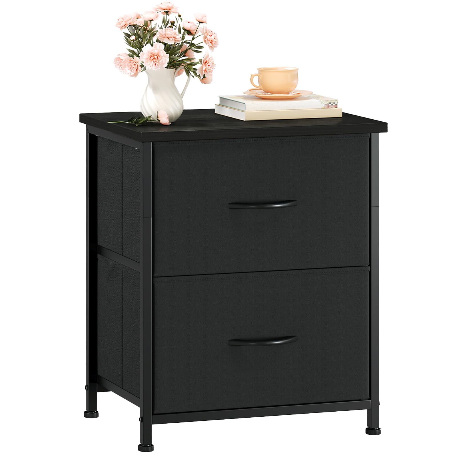 Somdot Black Bedside Table, Bedroom Bedside Cabinet with 2 Fabric Drawers, Nightstand Side Table for Kids Living Room Dorm, Black