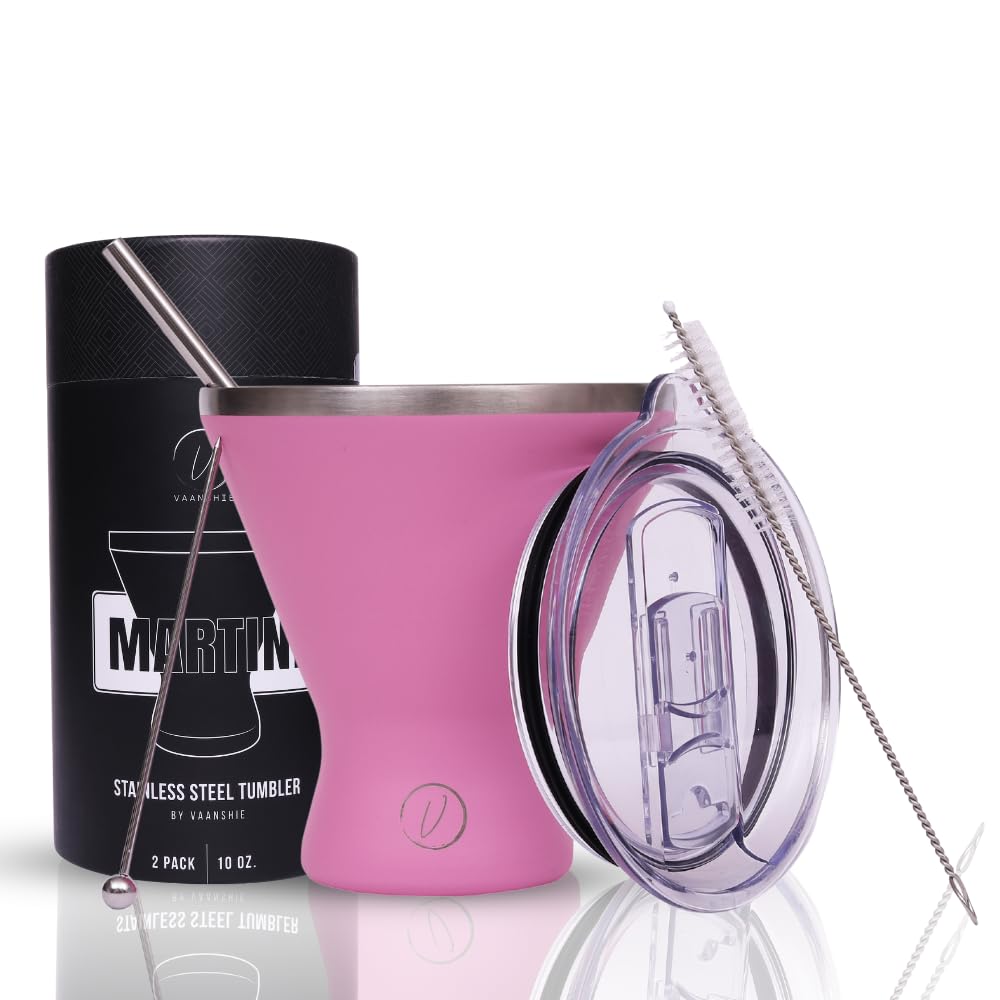 Stainless Steel Martini Glass [Pack of 1] – 10oz, Pink, Powder Coated, No Sweat, Double Wall Margarita Cup with Lid | Barware & Kitchen