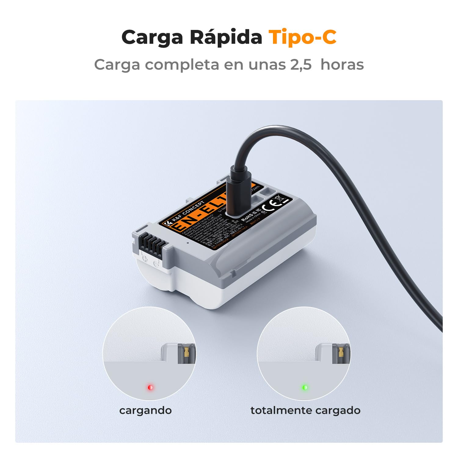 K&F CONCEPT 2600mAh EN-EL15C Batería, USB C 2.5H Fast Chraging Batería Compatible con Cámara Nikon Z8, Z7, Z6, Z7ii, Z6ii, Z5, D850, D810, D810A, D780, D750, D610, D500, D7500, D7200