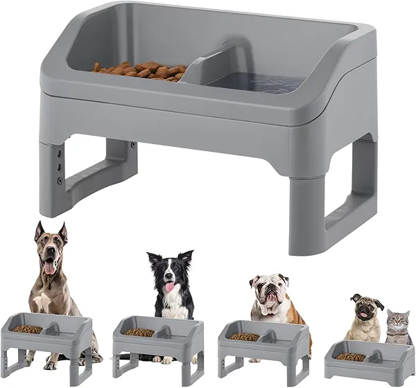 IRIS USA Adjustable Elevated Dog Bowls, Height Adjustable Raised Dog Bowl Stand, Double Food Bowls, Easy to Clean Removable Feeding Station for Small to Large Pets, Gray