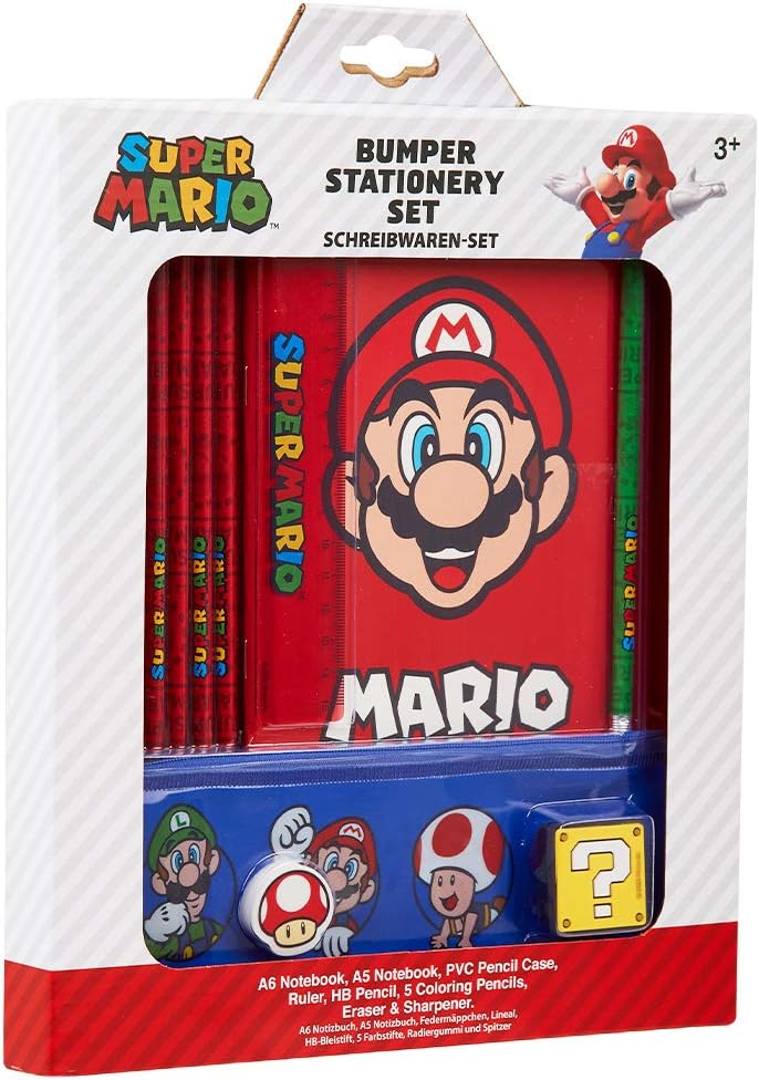 Super Mario Stationery Set for Kids, Includes Pencil Case A6 and A5 Notebook Colouring Pencils Set Small Ruler, Gifts For Boys