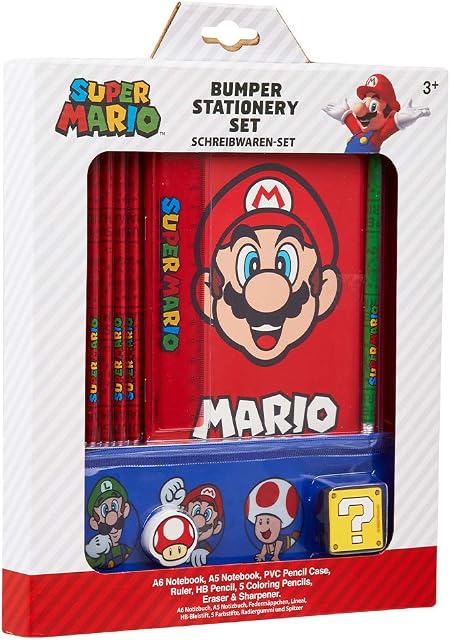 Super Mario Stationery Set for Kids, Includes Pencil Case A6 and A5 Notebook Colouring Pencils Set Small Ruler, Gifts For Boys