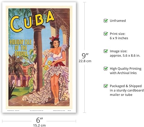 Miniatura 6 de Cuba  Isla de los Trópicos  Bailarina cubana con Maracas  Póster de viaje vintage 1949  Impresión artística maestra (sin marco) 9 x 12 pulgadas