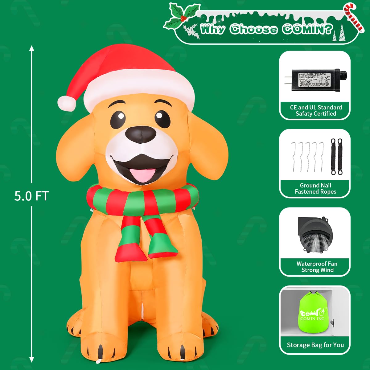 COMIN Aufblasbare Weihnachts-Dekoration für den Außenbereich, 152 cm, Golden Retriever mit integrierten LEDs für den Innenbereich, Party, Rasen, Garten, Dekoration