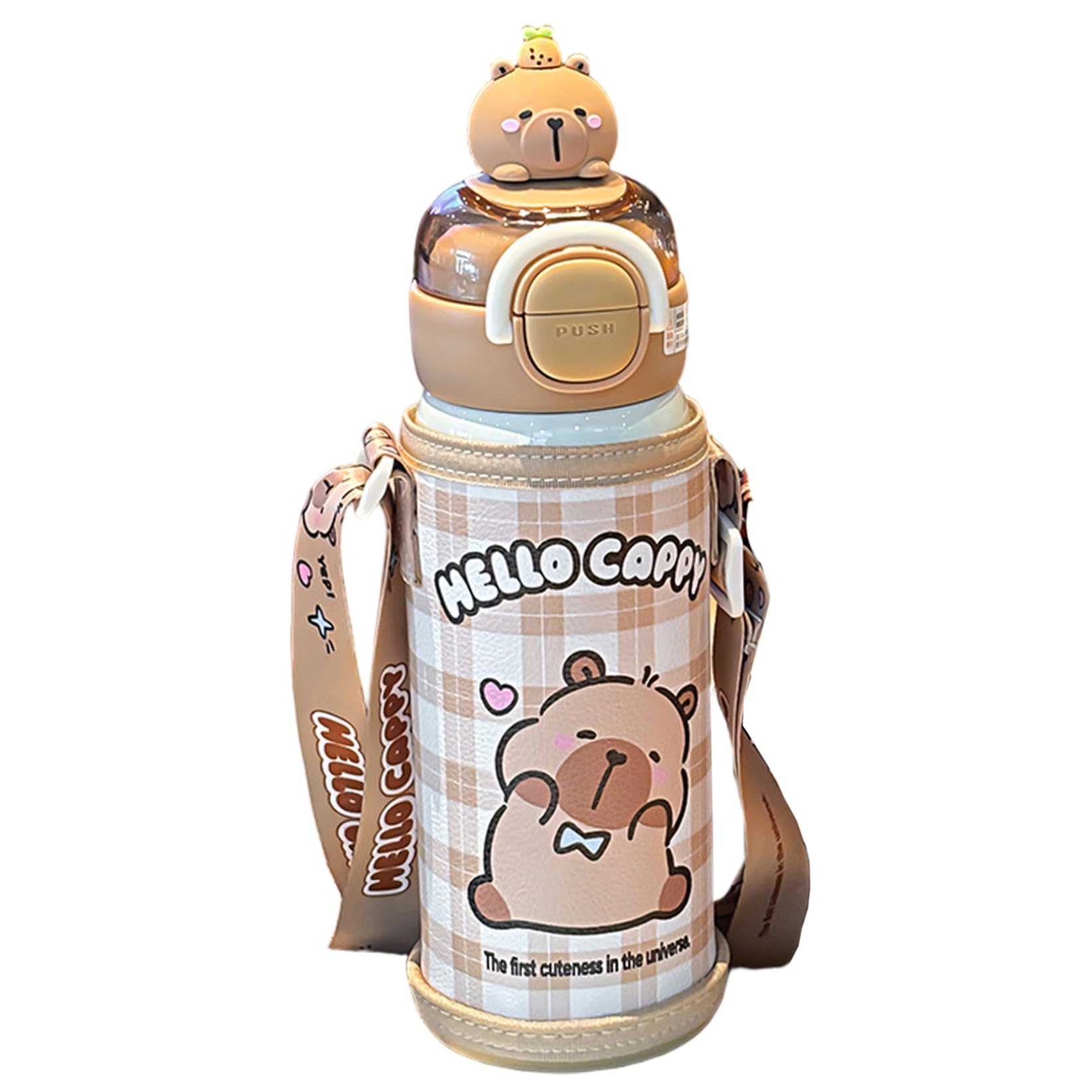 Pesoncarl Capybara Water Bottle with Lid & Straw 520ml Stainless Steel Cute Water Bottle Portable Drinking Cup with Cup Sleeve and Strap for Office School Travel Girls